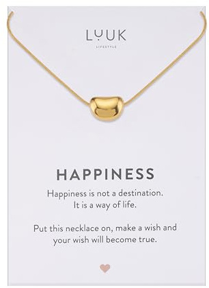 LUUK LIFESTYLE Collana con ciondolo Fagiolo e acciaio inossidabile (50 cm), carta HAPPINESS, portafortuna, gioielli semplice, idea regali donna, lei, ragazza, compleanno, oro