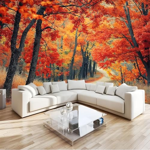Wall Mural Natural Scenery Autumn Forest Orange 250x175 cm Photo Wallpaper Non-Woven 3D Wallpaper Roll Mural Wallcoverings for Bedroom Living Room TV Backdrop