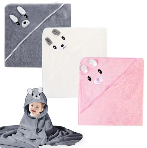 BORDEAG Accappatoio Neonato, 3 Pezzi 80x80cm Asciugamano Neonato Bagnetto, Asciugamani Con Cappuccio Per Bambini