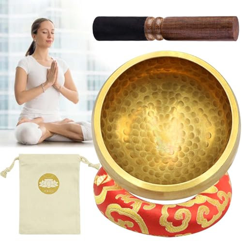 Tibetische Klangschale Set, 8cm Hand Gehämmert Messing Klangschalen Set, Meditationsklangschale mit Sockel, Holzklöppel und Tasche, Yoga Klang Schüssel für Meditation, Yoga, Chakra und Entspannung