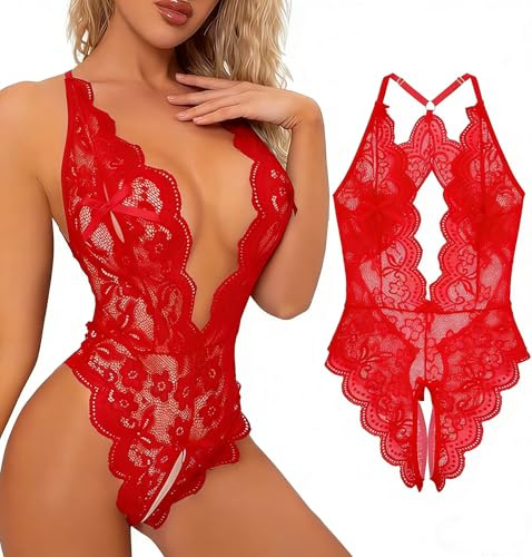 Sexy Lace Bodysuit for Women One Piece Naughty Lingerie Deep V-Neck Hollow Out Teddy Babydoll Transparent Backless Negligee Cutout Wasit Mesh Slim Bodycon Stretch Jumpsuit Leotard Sleepwear