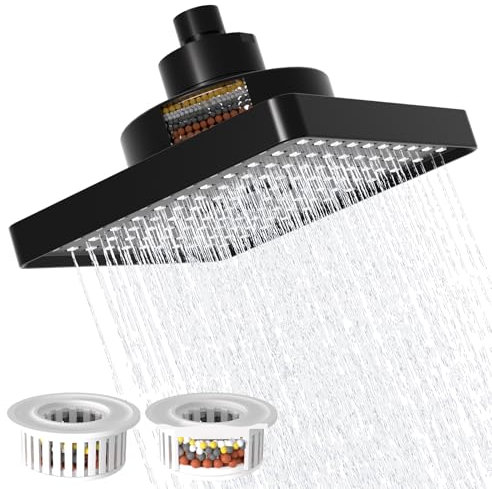 Filtered Shower Head with Extra Filter, High Pressure 150mm Square Fixed Showerhead with Swivel Ball for Hard Water Remove Harmful Substances, Matte Black-GETSHOWERSET