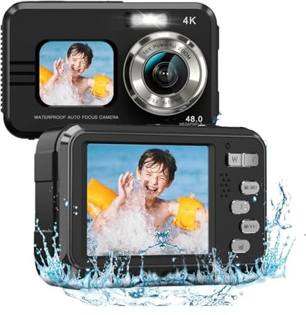 TIEOAXFT 4K Underwater Camera 11FT Waterproof Camera with 64GB Card 48MP Autofocus Dual-Screen Selfie Underwater Camera for Snorkeling for Vlogging with External Microphone, Remote Cont(Black)