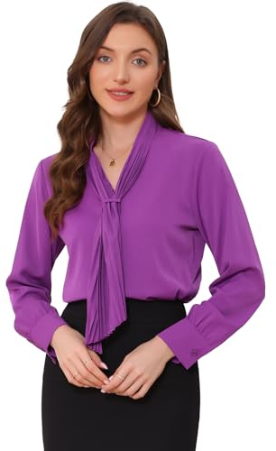 Allegra K Ropa Oficina Mujer Blusa Elegante De Oficina De Trabajo para Mujer, Camisa Plisada con Cuello De Lazo Y Manga Larga Violeta XS