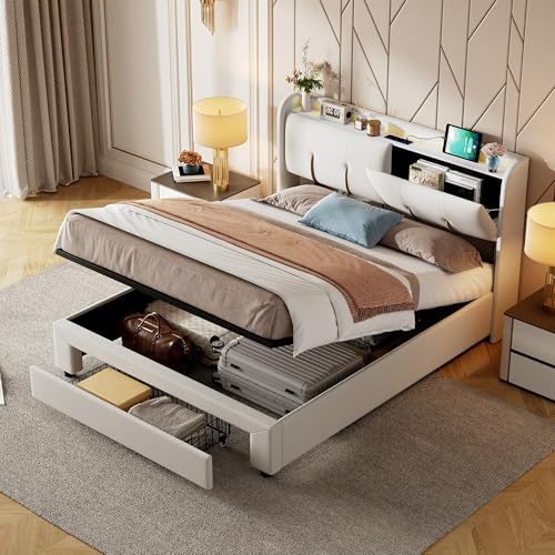 JYNVO Cama tapizada con función de Memoria hidráulica de 140 x 200 cm, con iluminación y Puertos USB, con cajones en la Parte Inferior de Las piernas, Espacio de Almacenamiento Plegable