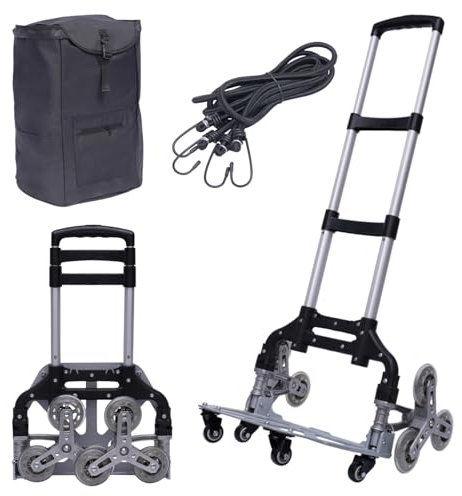 DAOHHFO Klappwagen Treppensteiger Sackkarre aus Aluminium - 75 kg Tragkraft - Dreifach höhenverstellbarer Griff - mit 6 Rädern und Expander Seil für sicheren Halt - Handkarre für Treppenhäuser