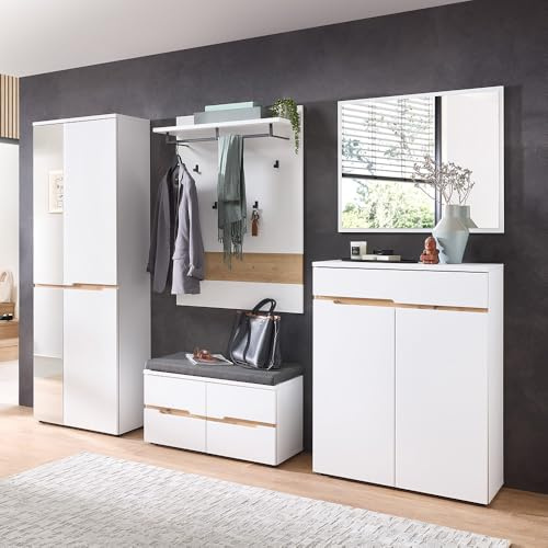 Lomadox Flur Garderoben-Set in weiß mit Eiche, mit 80 cm Garderobenschrank, Garderobenpaneel, Schuhbank inkl. Sitzkissen, Spiegel und Schuhschrank, 5-teilig, modern, grifflos