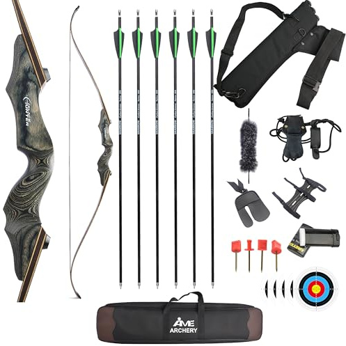 FQH Archery Recurve Bow Set， 60 inch， 20-60 lbs， Takedown | Takedown design， 60 inch， 20-60 lbs draw weight， fiberglass limbs， bamboo core， ergonomic handle