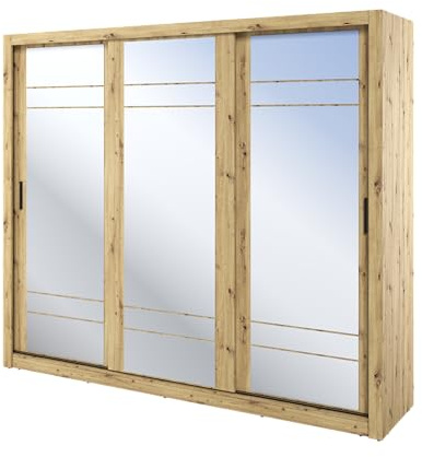 MINIO go for it - Armoire 250 cm de Large ERTA 2 Armoire avec 3 miroirs | Armoire à portes coulissantes avec tringle à vêtements et étagère, meubles de chambre, couleur : chêne artisan