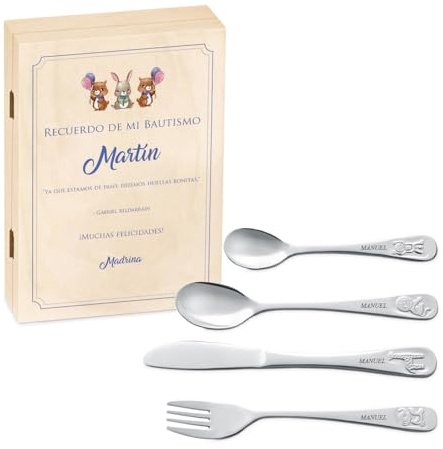 Maverton Cubertería Infantil Personalizada de 4 Piezas - Cubiertos Acero Inoxidable con Grabado - Regalos Personalizados para Bebe Niña - Vajilla Bebe para Comunion Bautizo - Bonito
