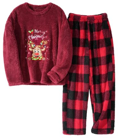 UMIPUBO Pigiama Donna Invernale Natalizio Pile Due Pezzi Caldo Natale Pigiami da Casa Felpato Set Tasche Elegante Manica Lunga e Pantalone Lungo Indumenti Notte Regalo Regali (Borgogna, XXL)