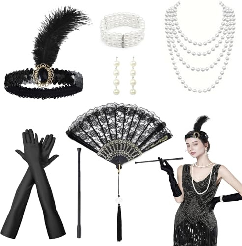 ZHITENG 6 Stück 20er Jahre Kostüm Damen, Great Gatsby Accessoires Set Beinhaltet Armband, Perlenkette, Handschuhe, Stirnband, Pfeife und Fächer, Geeignet für Maskerade und Rollenspiele