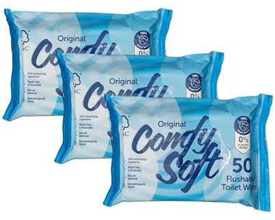 Comfy Soft Flushable Toilet Wipes 3 x 50 Wipes • Plastic Free • 100% Plant Based • Dispersible & Moisturising • Skin pH Balanced • Dermatologically Tested