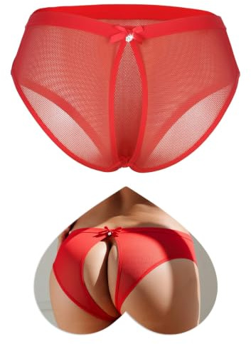 Tangas Abierto Sexy Mujer de Malla Bragas Brasileña con Abertura Trasera | Braguitas Transparentes con Strass y Lazo,Transpirable y Cómodo,Ropa Interior Elástico,Slip Lencería,Talla Grande S-XXL