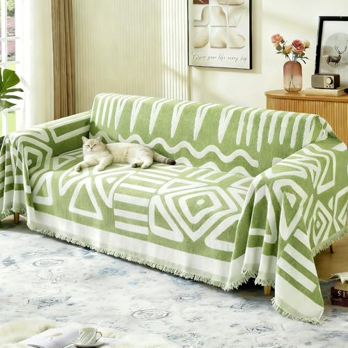JTKDG Boho Sofa Cover 3 Seater, Chenille Couch Cover for Corner Sofa Washable Sofa Slipcover Couch Protector Loveseat L Shaped Covers with Tassel for All Seasons, Green, 180 x 300cm
