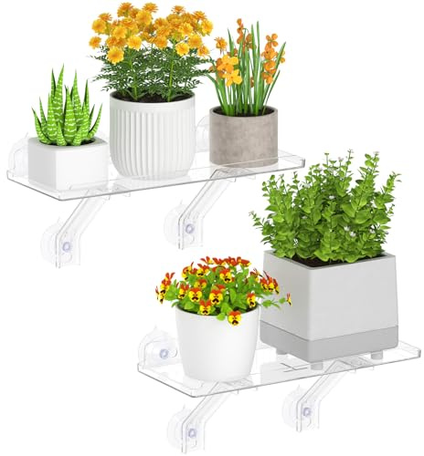 Lifewit 2 Stück Fenster Pflanzenregal ohne Bohren aus Kunststoff, 38,4cm | Fensterregale mit Halter und Gitter für Pflanzen trag. 8KG, Blumenregal Saugnapf, Fenster Regal für Blume Sukkulente Kräuter