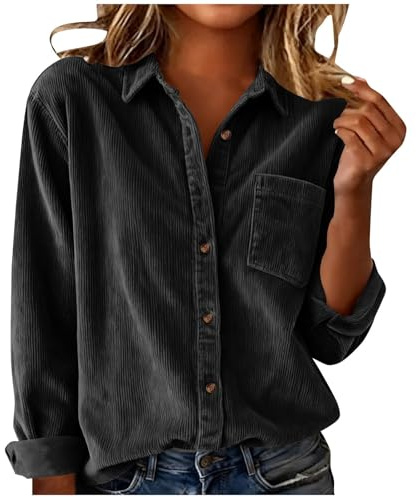 Camisas de pana para mujer, de manga larga, con cuello y botones, de gran tamaño, para novio, chaquetas con bolsillo, camisa de pana con botones para mujer, Negro, L