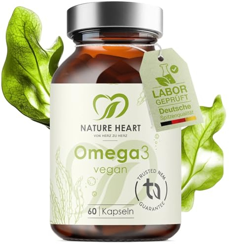 Nature Heart Omega 3 Kapseln – 60 Stück vegan aus Algenöl – DHA & EPA im 2:1-Verhältnis – hochdosiert, 100% vegan & fischfrei – für Herz, Gehirn & Sehkraft – schadstoffarm, ohne unnötige Zusatzstoffe