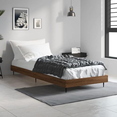 Ordellia Sängram utan madrass, brun ek 75 x 190 cm, trämaterial, metallben, plywoodribbor, robust plattformssäng för sovrum, komfort