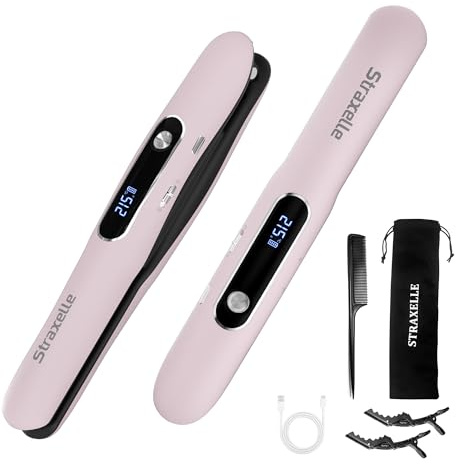 Mini Cordless Hair Straighteners and Curler,5000mAh Rechargeable Travel Straighteners Cordless with LED Display,2 in 1 Portable Flat Iron Hair Straightener 3 Temp Levels for Fine to Thick Hair (Pink)