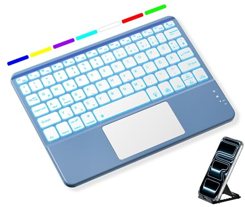 Vobafe Bluetooth Tastatur mit Touchpad, 7-farbiges Backlight iPad Tastatur | Traleicht Kabellose QWERTZ Keyboard mit Trackpad für iPad/Tablet/Laptop/PC/Smartphone(iOS/Windows/Android Systeme), Blau