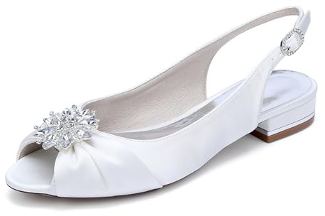 Brudskor dam öppen tå bröllop kväll platta sandaler satin bröllop brudskor 2,5 cm, Vitt, 42 EU