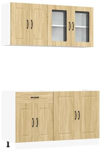 Mhdvray 4-TLG. Küchenzeile Kalmar Küchenschrank-Set in Sonoma-Eiche, Moderner Küchenblock aus Holzwerkstoff mit Glasvitrine, Flexibler Stauraum für Geschirr und Töpfe