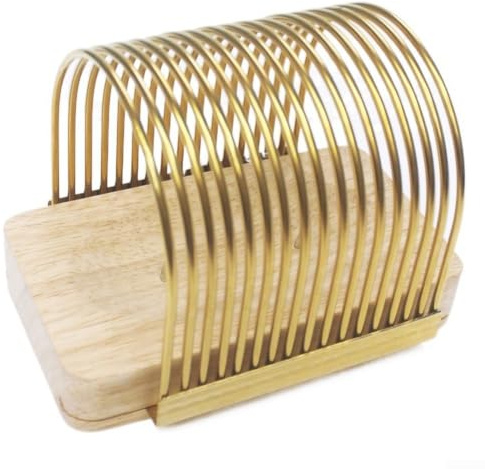 QOXEZY Cortador de pan de acero inoxidable con base antideslizante, acero inoxidable 304 y madera de roble, para cortar pasteles de pan y productos horneados para cocinar en casa (dorado)