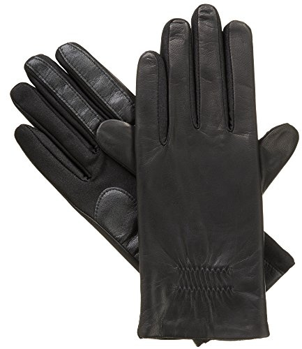 isotoner Women's Classic Stretch Faux and Genuine Leather Touchscreen Gloves, Black-Genuine Leather, Small/ Medium