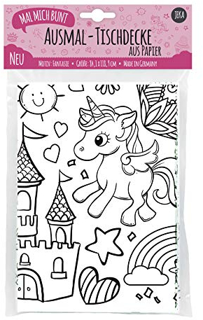 Papier-Tischdecke zum Ausmalen, Motiv Fantasiewelt, bemalbare Tischdecke Einhorn, Deko Kindergeburtstag, Ausmalen Mädchen, Mal Mich Bunt