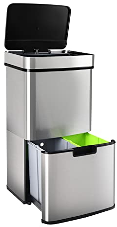 Gardtech Waste Separation System with Sensor – 3 Compartment Bin – 62 Litres Extendable Stainless Steel Sensor Can be Used for Kitchen, Home and Office