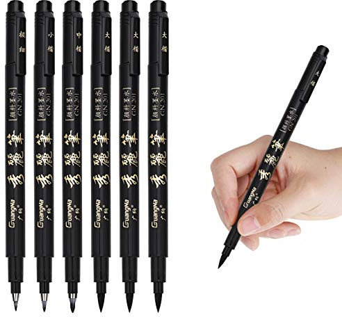 Kalligraphie Stifte Schwarze Fasermaler Marker Pinsel für Schriftzug, Anfänger Tagebuch, Unterschrift, Beschriftung, Design und Zeichnung (4 Größen) 6 Stück