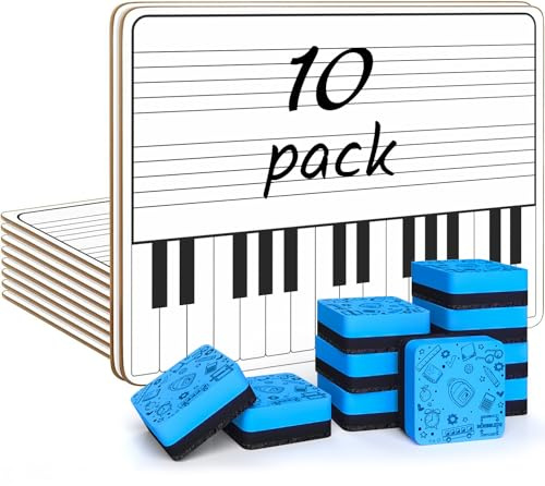 SCRIBBLEDO 10 Pack 11 x 14 Inch Piano Board Dry Erase White Boards Keyboard Double Sided Music Staff whiteboard for Kids Students, Musicians Music Class Supplies. (10 Erasers Included)