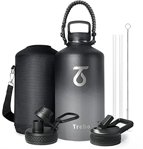 Trebo One Gallon Water Bottle Insulated with Paracord Handle,3.8 L Stainless Steel Sports Large Jug Food-Grade Double Wall Vacuum with Straw Spout Handle Lids, Leakproof Keep Cold & Hot, Dark Gray