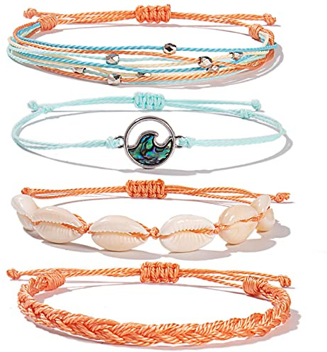 FANCY SHINY Wave String Bracelets Braid Puka Shell Bead Bracelets Handmade Cute Trendy Boho Abalone Jewelry Gifts for Women(Coral)