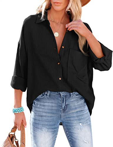 NONSAR Damblus, ledig skjorta med V-ringning, 100 % bomull, lös passform, solid, tjock topp, elegant med ficka, svart, XXL