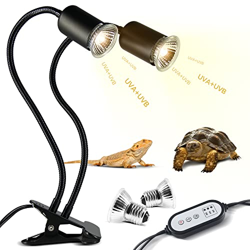 testyu Doppelende Schildkröte Wärmelampe, 25W+50W Reptilien Heizlampe E27, UVA+UVB Terrarium Wärmespotlampe mit 2 Basking Spot Glühbirnen für Eidechse, Schildkröte, Schlange, Chamäleon Usw (Schwarz)