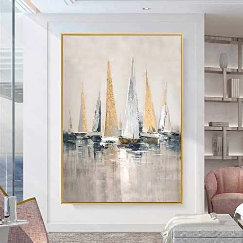 HYFBH Rahmenbilder, moderne abstrakte Ölgemälde, Segelboot auf dem Meer, auf Leinwand, hängende Gemälde, Wohnzimmer, Wandkunst, Dekor, 80 x 123 cm/31 x 48 Zoll, mit Rahmen