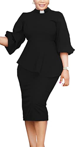 CAMDOM Church Clergy Dress for Women 3/4 Sleeve Irregular Ruffle Pencil Dress with Tab Collar Black,Large