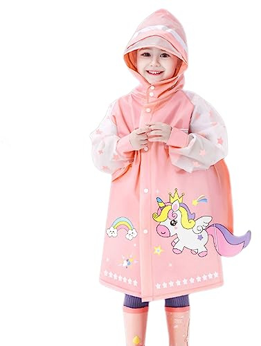 Kids Rain Poncho Waterproof Rain Coat, Eva Raincoat with Hood for Girls Boys Children Rainwear with School Bag Cover Toddler Rain Jacket Cape for Outdoor Cycling Hiking Camping Pink 2-3 Years