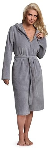 Twinzen Bademantel Damen Reißverschluss Kapuze - Bademantel Damen flauschig aus superweicher Öko-Tex Baumwolle Grau - Größe XL