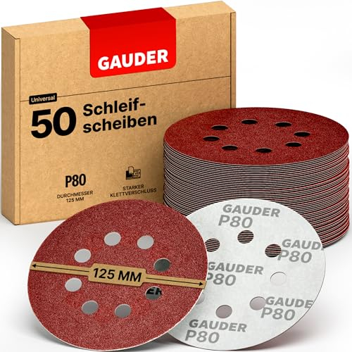 GAUDER Disques abrasifs pour ponceuses excentriques Ø 125mm - Papier de verre auto-agrippant 8 trous - Feuilles abrasives rondes pour bois, métal et autres matériaux (Grain P80-50 pièces)