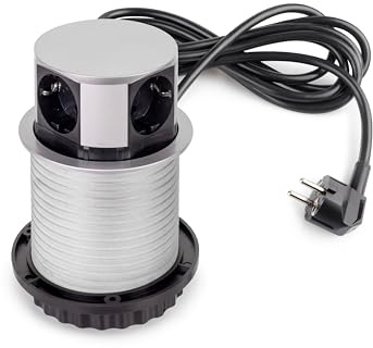 Emuca - Vertikal Push abnehmbare Mehrfachsteckdose durchmesser 100mm, 3 Schuko-Stecker, 1 USB Typ A, 1 USB Typ C, Stahl und Kunststoff, Grau metallic