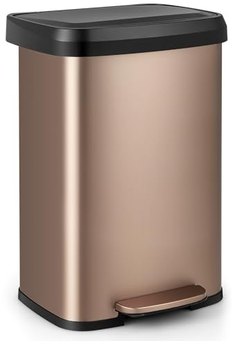 GOPLUS Poubelle Cuisine 50 Litres pour Salon, Bureau, Salle de Bain, Doré | Poubelle Tri Selectif avec Pédale, Structure Métal, Couvercle à Fermeture Douce, Compartiment Désodorisant, Anti-odeur