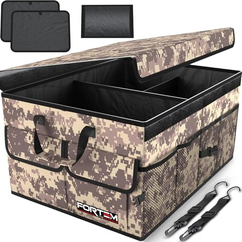 FORTEM Boot Organiser - Foldable Car Organiser & Storage for SUVs & Trucks | Car Accessories for Men Women, Collapsible Bag, Non Slip Bottom, Straps, Soft Cover, 600D Oxford, 3 Compartments, 50L