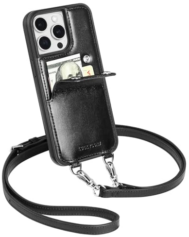 LUCKYCOIN Crossbody Wallet Phone Case for iPhone 13 Pro Max, 100% Genuine Leather Phone Purse with Card Holder for Women, Drop Protection, Adjustable & Removable Shoulder Strap, Retro Black