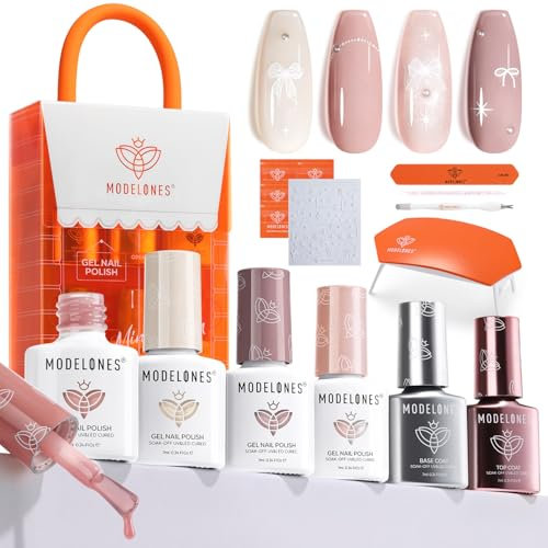 Modelones Gel Nail Kit with UV Lamp, 4 Colors Gel Nail Polish Kit Mini Salon, Base &Top Coat and Stickers, Milky White Nude Pink Glitter Gel Polish Set DIY Home Nail Art Manicure Set for Women