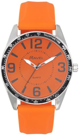 Ravel - Men's Big Digit Silver Tone Watch with Black Top Ring on Silicone Sports Strap - Analogue Quartz - RS001.08 - Orange