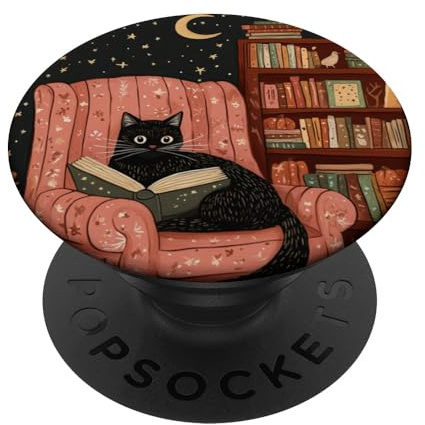 Black Cat Reading a Book in a Cozy Autumn Setting PopSockets Adhesive PopGrip