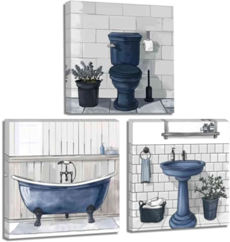 ZQQART Bathroom Canvas Prints Tub Wall Art Set of 3 Bath Tub Picture Toilet Painting Funny Bathroom Art Wall Decor (Blue,30x30cmx3)